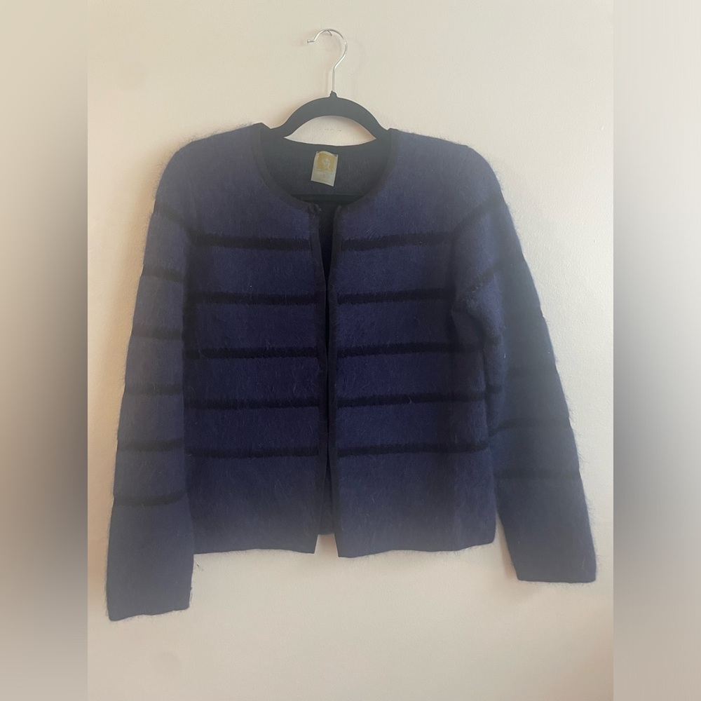 Anne Klein Heavy Weight Blue and Black striped button up sweater. Size small.